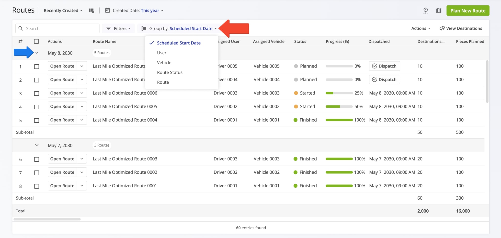 Your filtered Routes List can be refined further by grouping routes according to shared attributes or details. Group routes by driver, vehicle, scheduled start date, and route status.