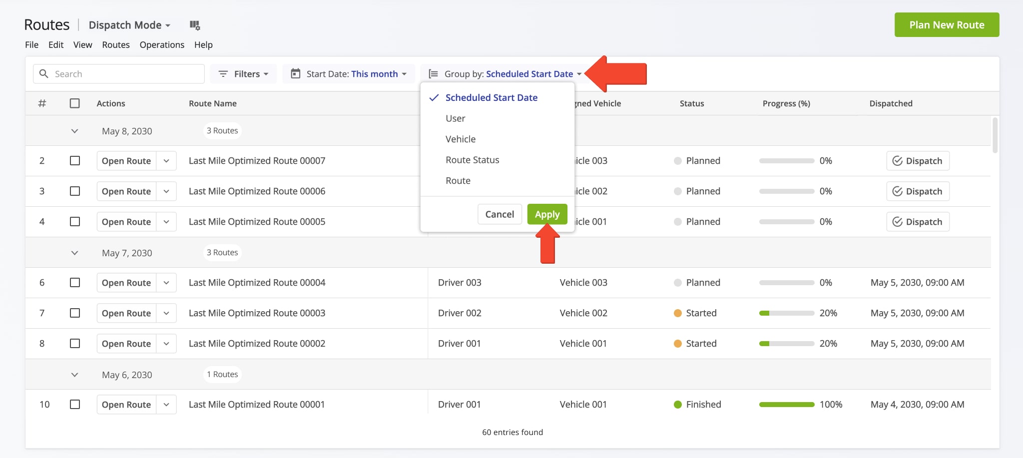 Your filtered Routes List can be refined further by grouping routes according to shared attributes or details. Group routes by driver, vehicle, scheduled start date, and route status.