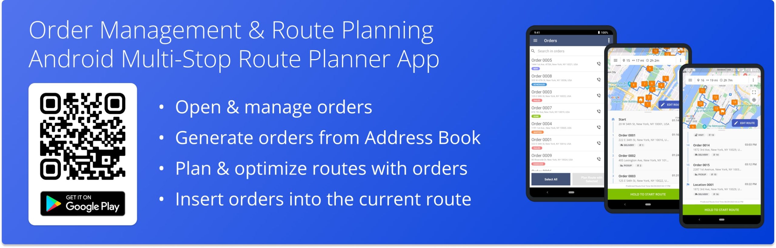Manage orders, optimize routes with orders, and insert orders into planned routes on Route4Me's Android Route Planner app.