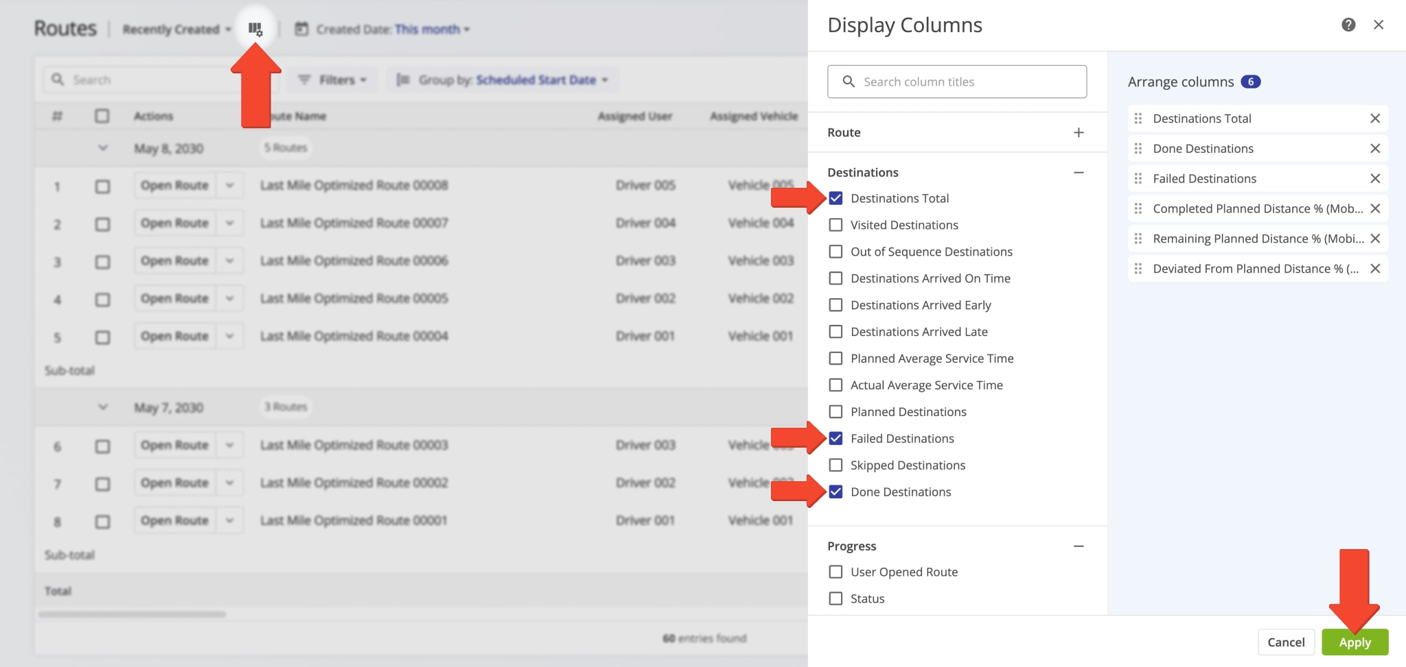 Use routes list filters, groups, and custom columns to monitor driver performance.