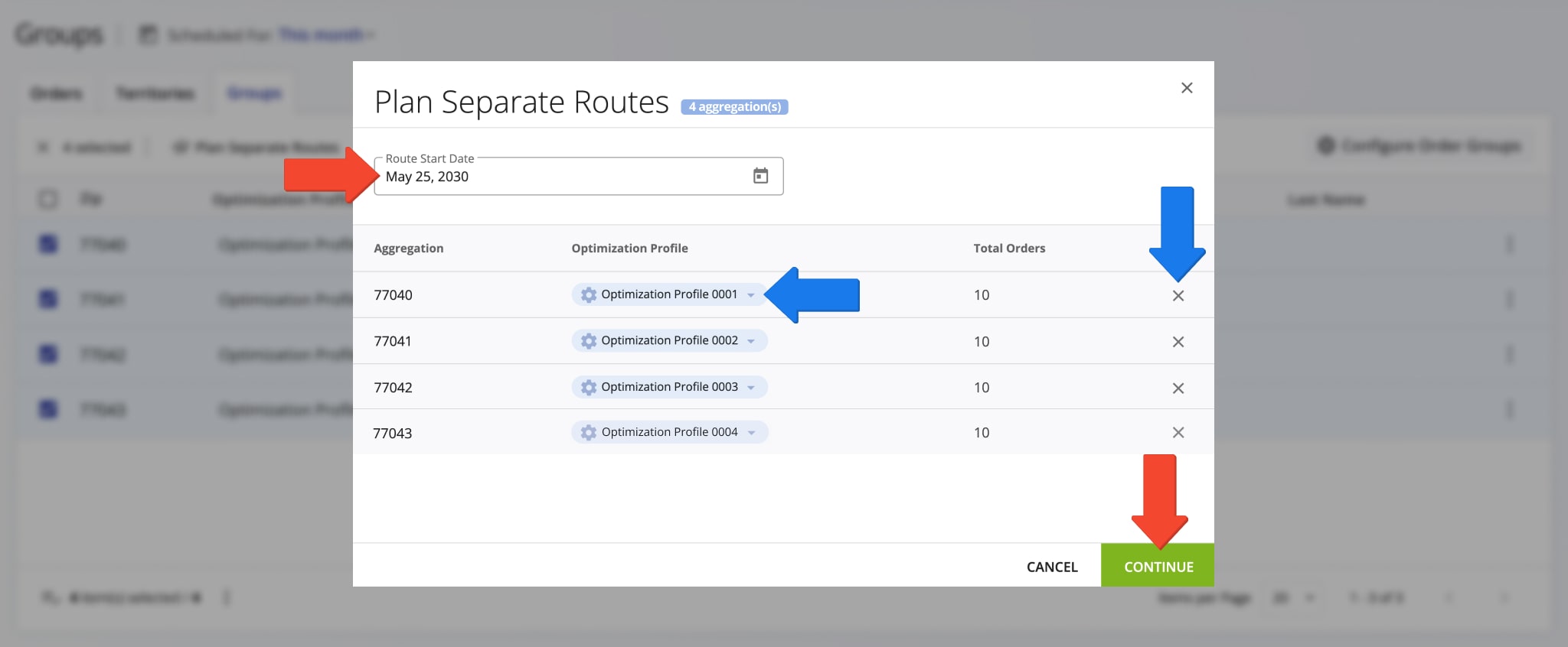 Scheduling separate routes for planning and optimizing one or multiple routes with orders within each selected group.