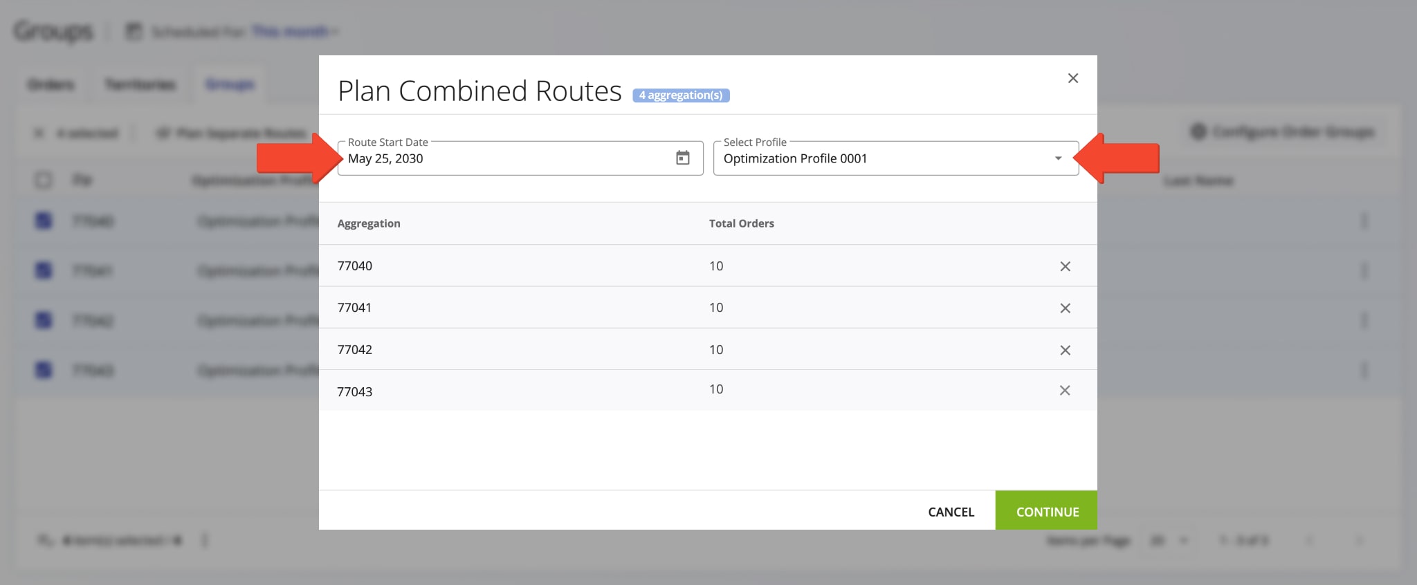 Scheduling route and selecting an Optimization Profile for planning and optimizing a combined route with all orders within the selected groups.