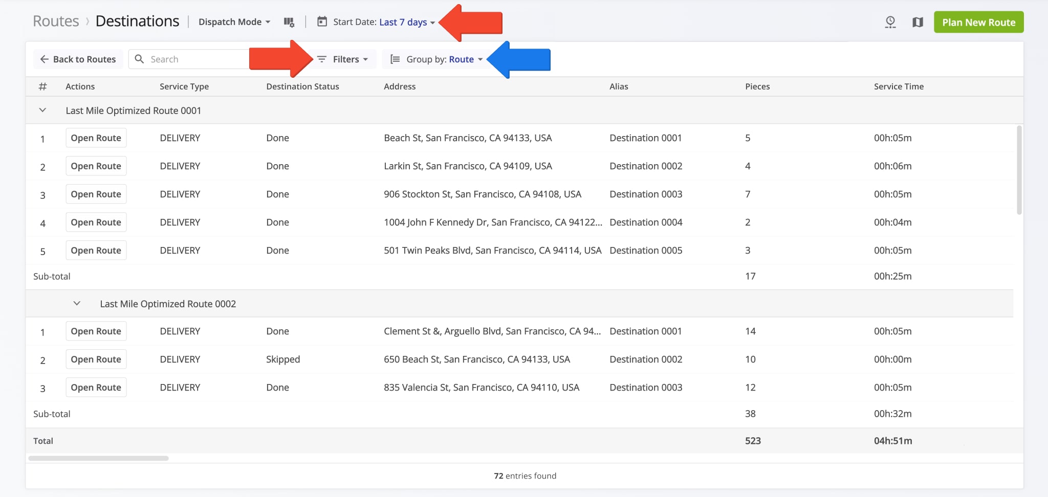 You can filter and groups Destinations on the Routes List in the same way you filter and group routes.