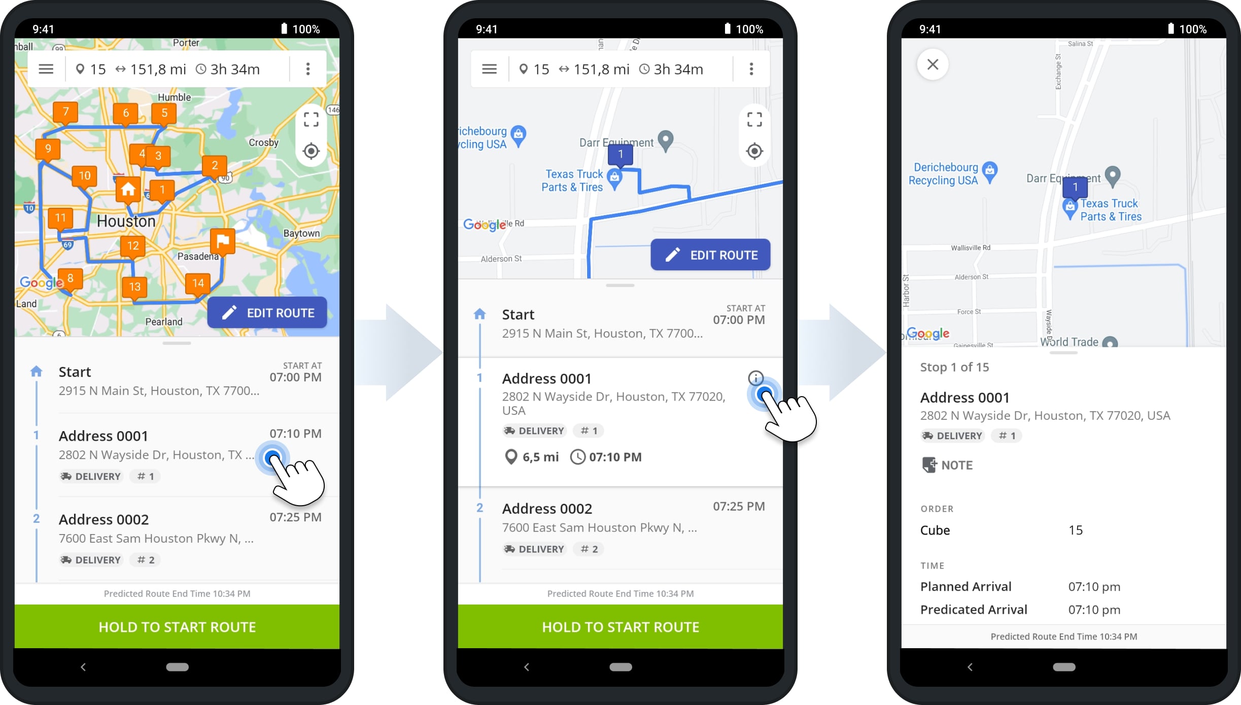 To view Order Cubic Volume on the mobile Route Planner App, open the route, tap the preferred destination, and then tap the Information Icon to open the Destination Info.