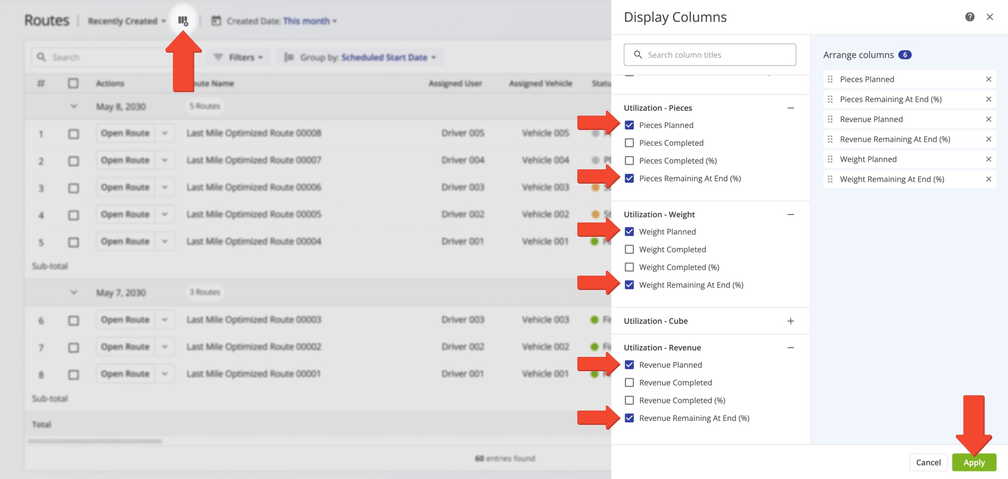 Use routes list filters, groups, and custom columns to track vehicle utilization.