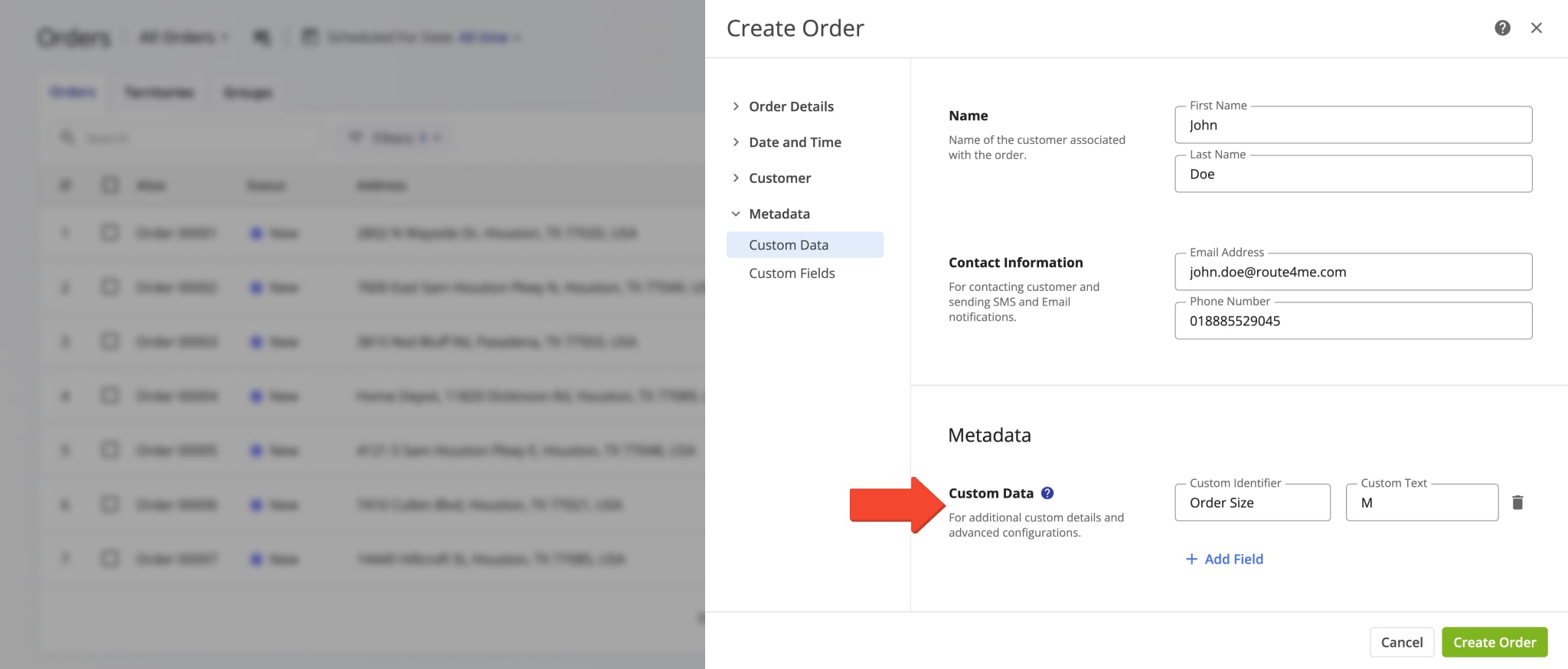 Adding Custom Data to assign custom order attributes and parameters to orders in Route4Me's Delivery Management System.