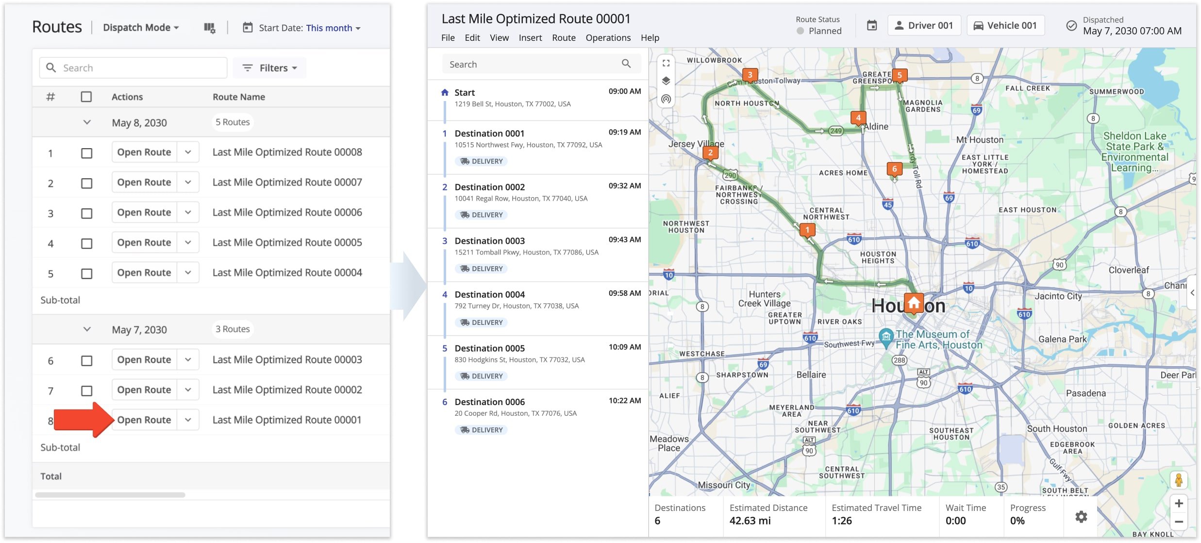 To access all available individual route management options such as real-time GPS tracking, detailed address and destination editing, customer and destination details, etc., open the preferred route in the Route Editor.