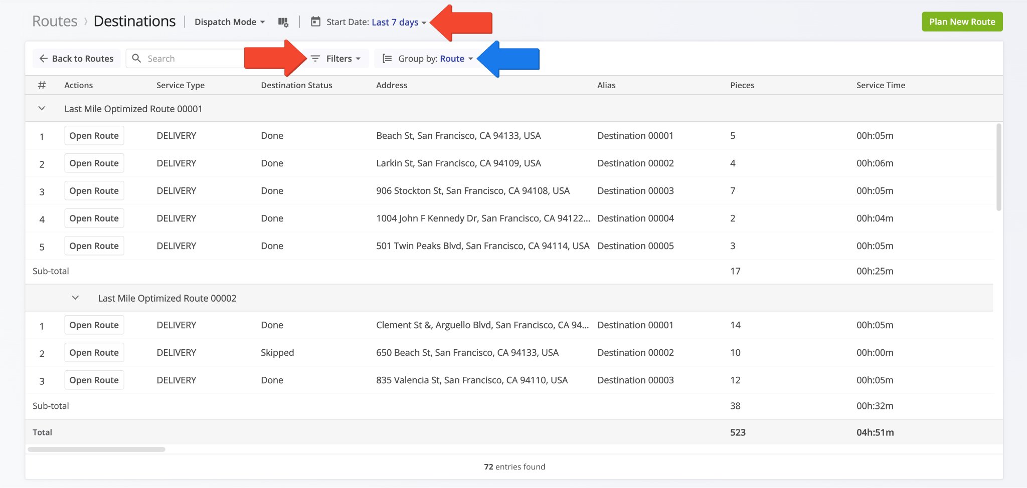 You can filter and groups Destinations on the Routes List in the same way you filter and group routes.