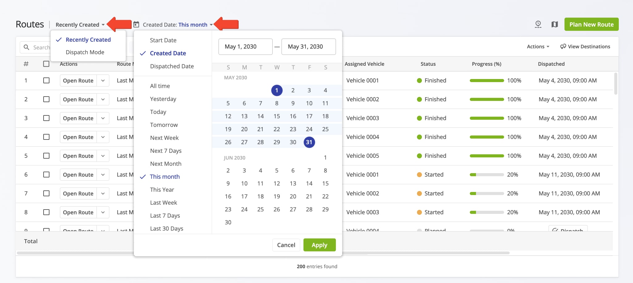 The Recently Created view mode shows the most recently created routes at the top of the Routes List and routes created earlier at the bottom.