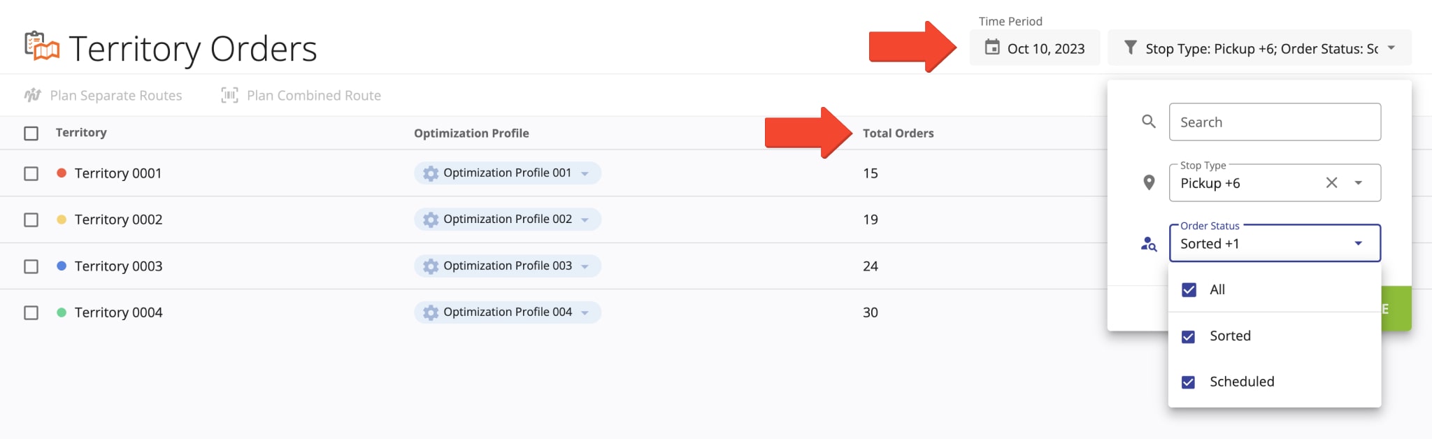 Filter territory orders by scheduled order date and order status to plan territory order routes.