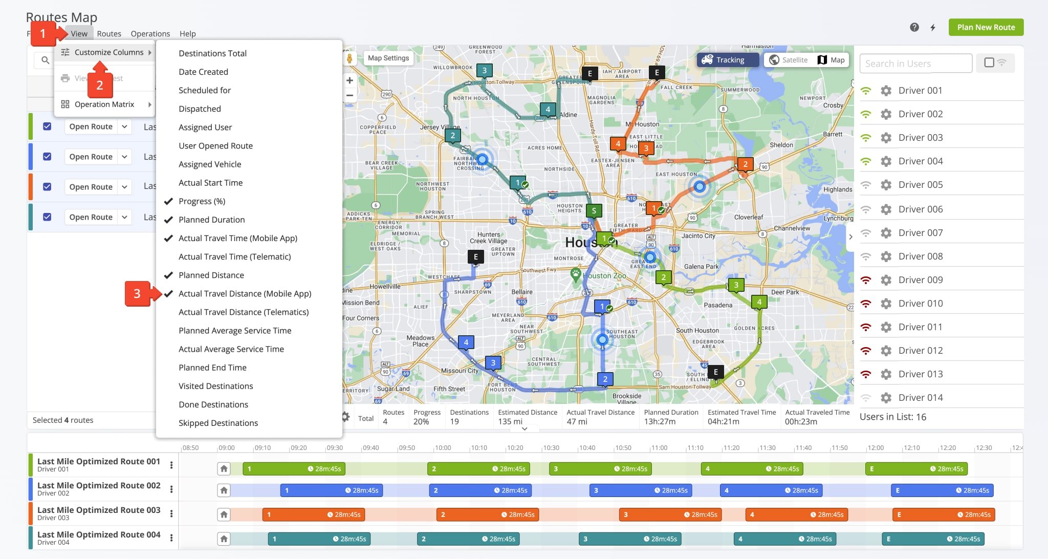 You can customize both the Routes List and Routes Map by enabling GPS tracking data columns. This way, you can easily view, compare, and analyze the GPS tracking statistics of different routes and users.