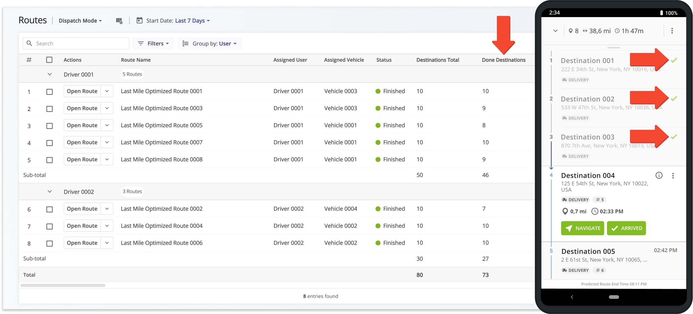 Route4Me seamlessly synchronizes updates between the Mobile Driver App and Web Software.