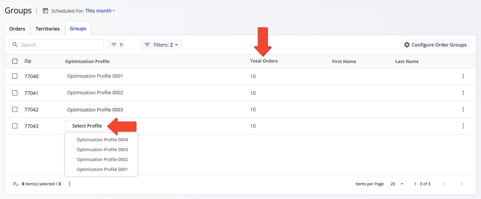 After filtering Order Groups, the Total Orders column will show the total number of orders that match those filters. Then, click the Select Profile button to set an Optimization Profile to an Order Group.