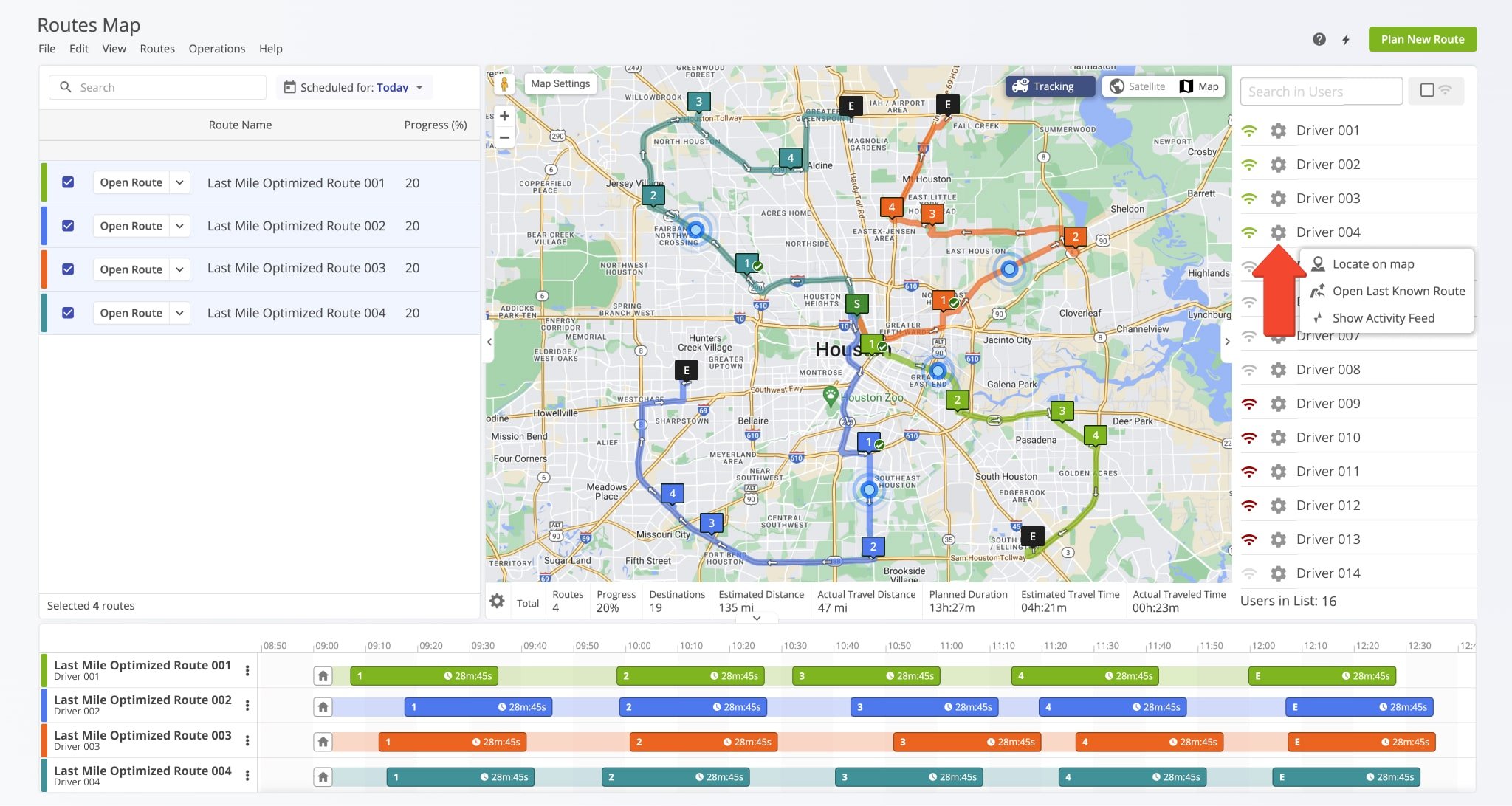 When tracking multiple drivers or vehicles on the Routes Map, you can open the list of users and click the Gear Icon to locate users on the map, open each user's last known route or open the Activity Feed for that user.