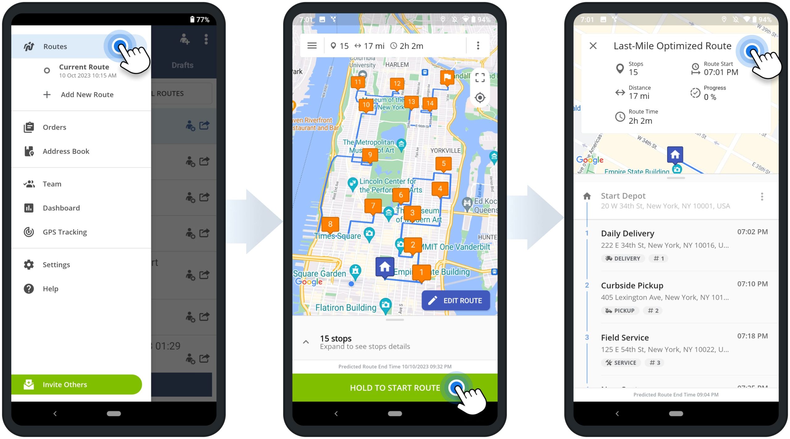Open and start route navigation on Route4Me's Android route planner app for delivery and field service drivers.