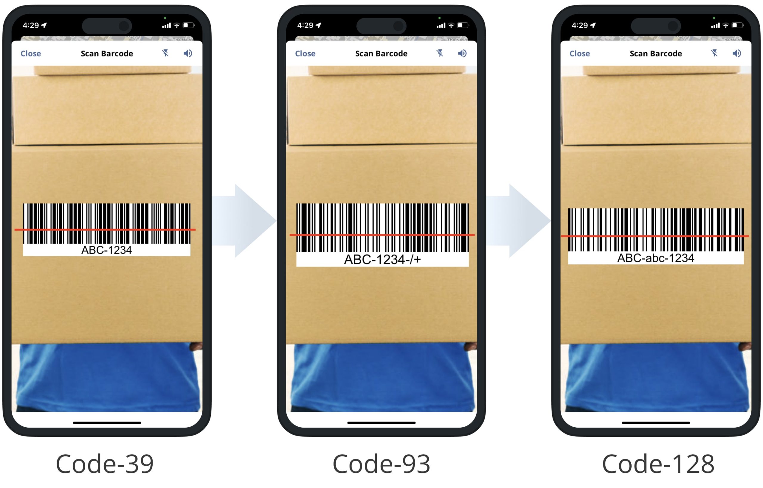 Scan Code-39, Code-93, and Code-128 barcodes using Route4Me's iOS Mobile Route Planner in-app barcode scanner.