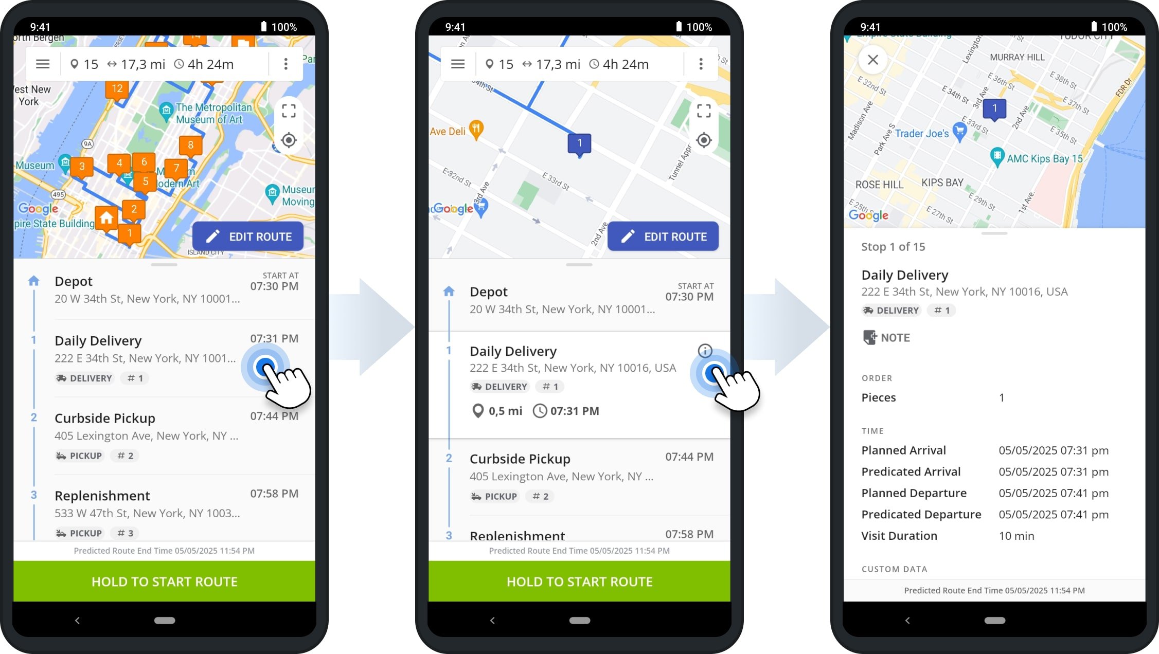 To view Service Time on the mobile Route Planner App, open the route, tap the preferred destination, and then tap the Information Icon to open the Destination Info.