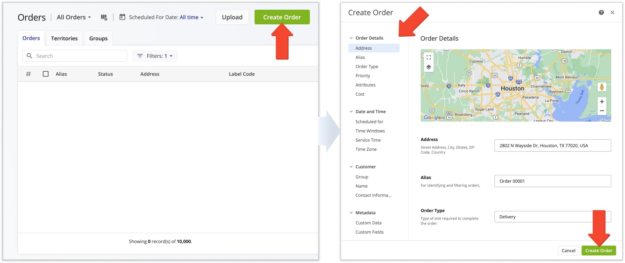 When you manually add customized orders in the Orders List, you can adjust order details such as address, scheduled for date, order destination type, priority, and more.