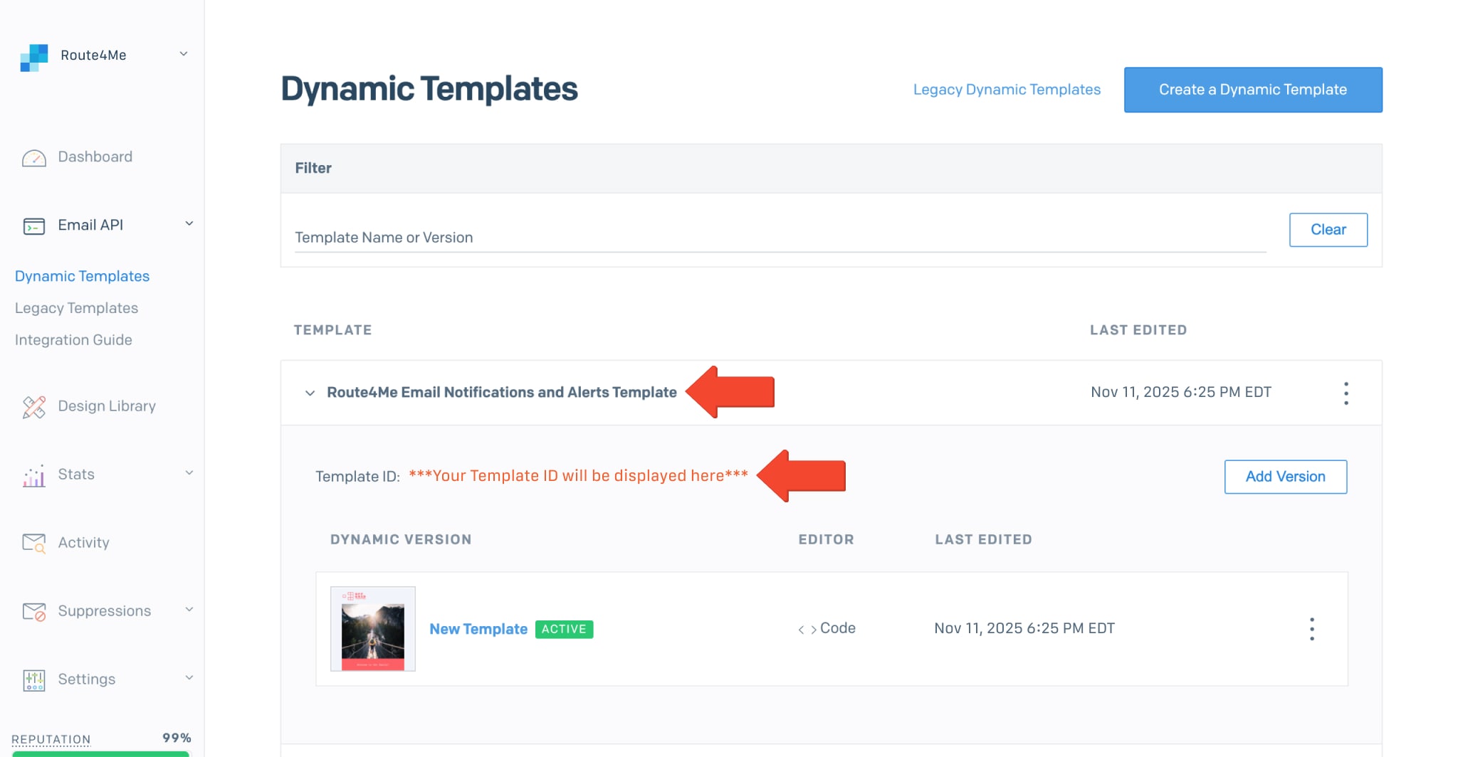 Copy the Template ID of the SendGrid template that you want to use with your Route4Me Notifications.