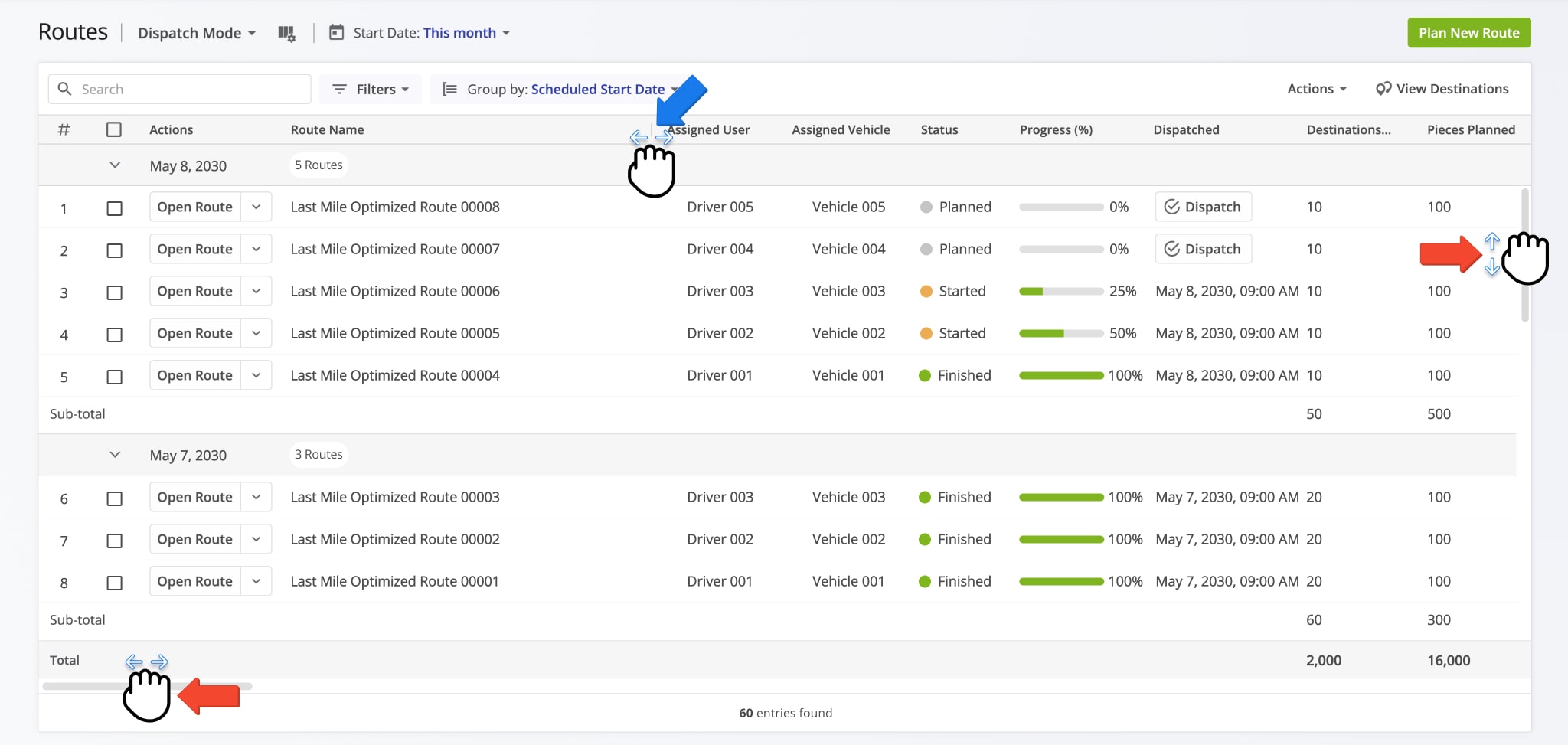 Scroll your Routes List horizontally and vertically to find any route or route data column. Additionally, resize route data columns to your preference.