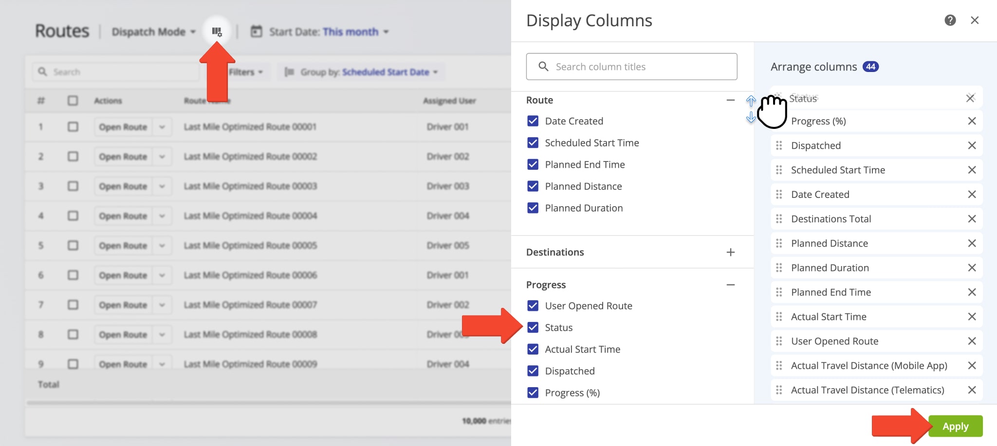 For efficiency, you can easily customize the data on your Routes List with custom route data columns and adjust the sequence of these columns.