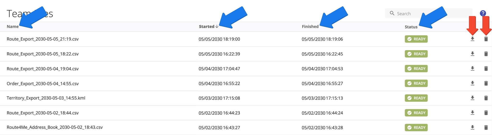 You can use the header to sort and manage your Team Files. Simply click the preferred column name to sort files in either ascending or descending order according to the preferred column.