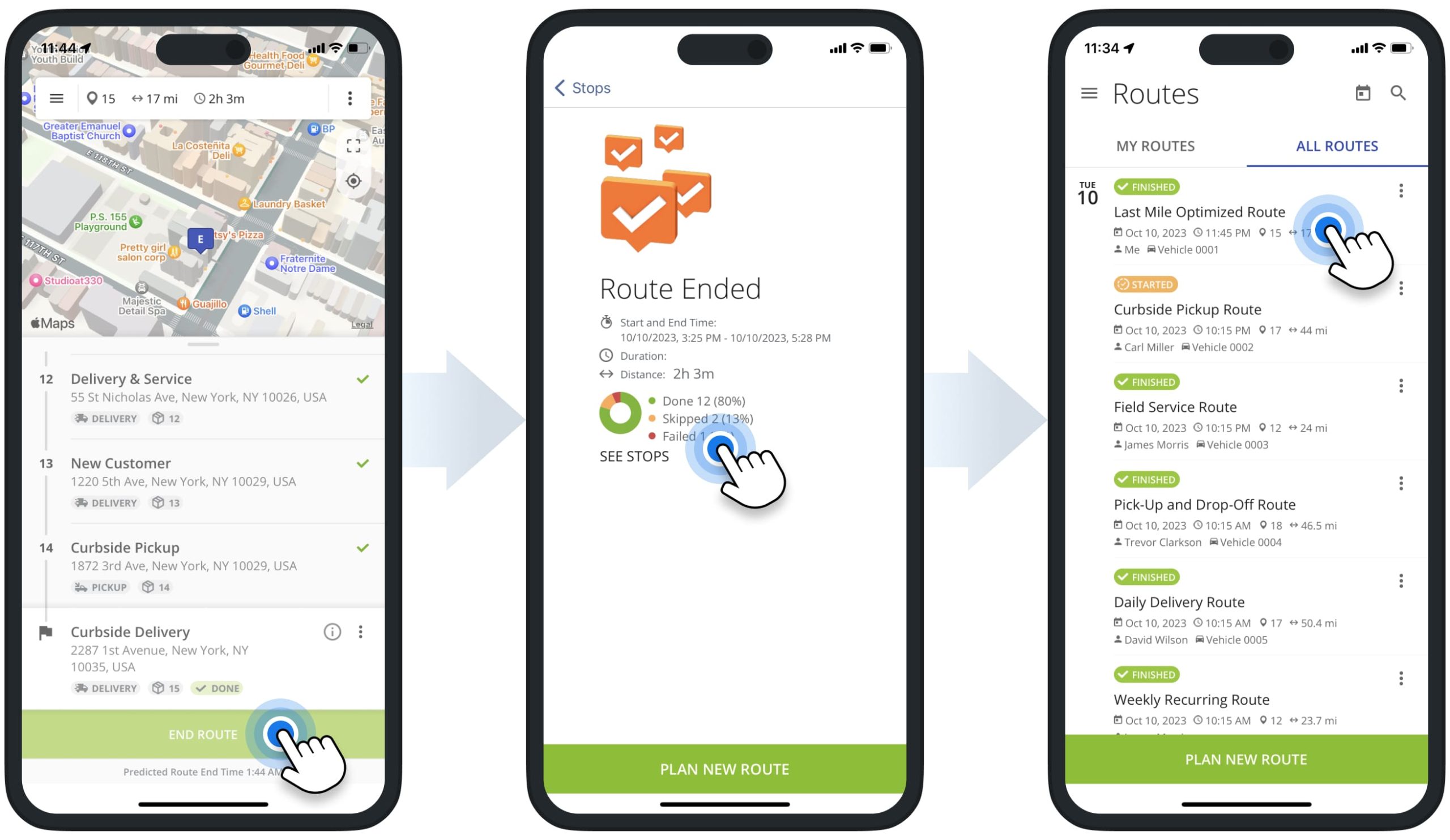Ending route and checking route summary KPIs, number of visited stops, total traveled distance, and time on the Route Optimization app.