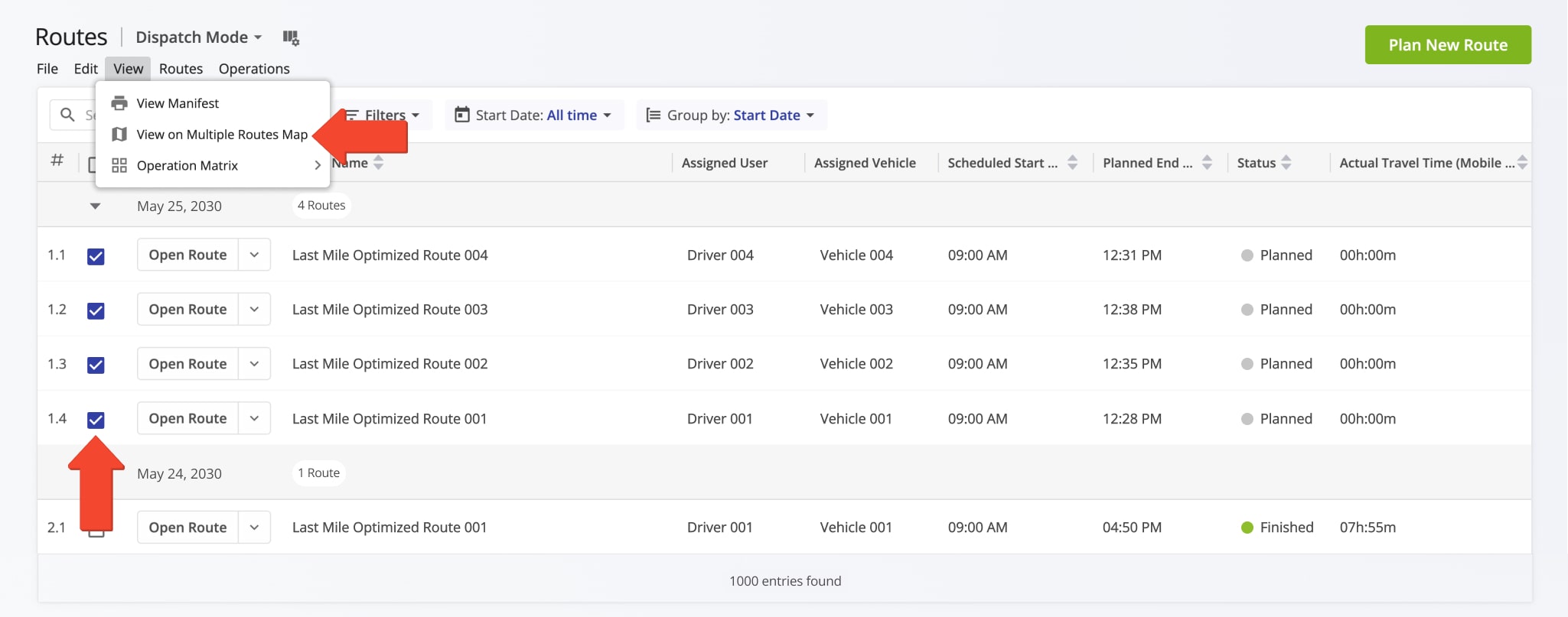 To open multiple routes on your Route4Me Routes Map to dispatch routes to customers, first open the preferred routes from your Route4Me Routes List.