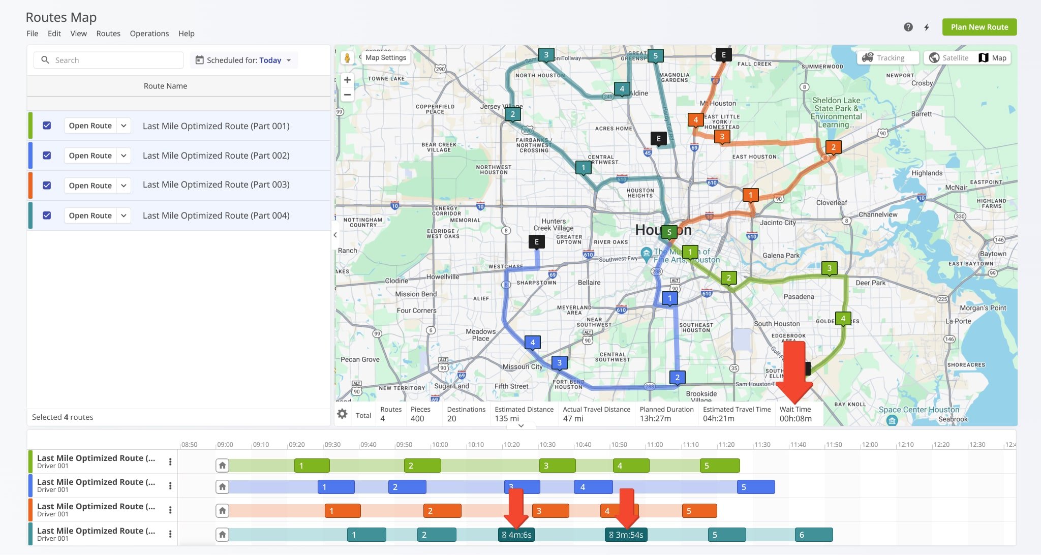 Optimized last mile routes with wait time between route stops due to the differences in customers' Time Windows.