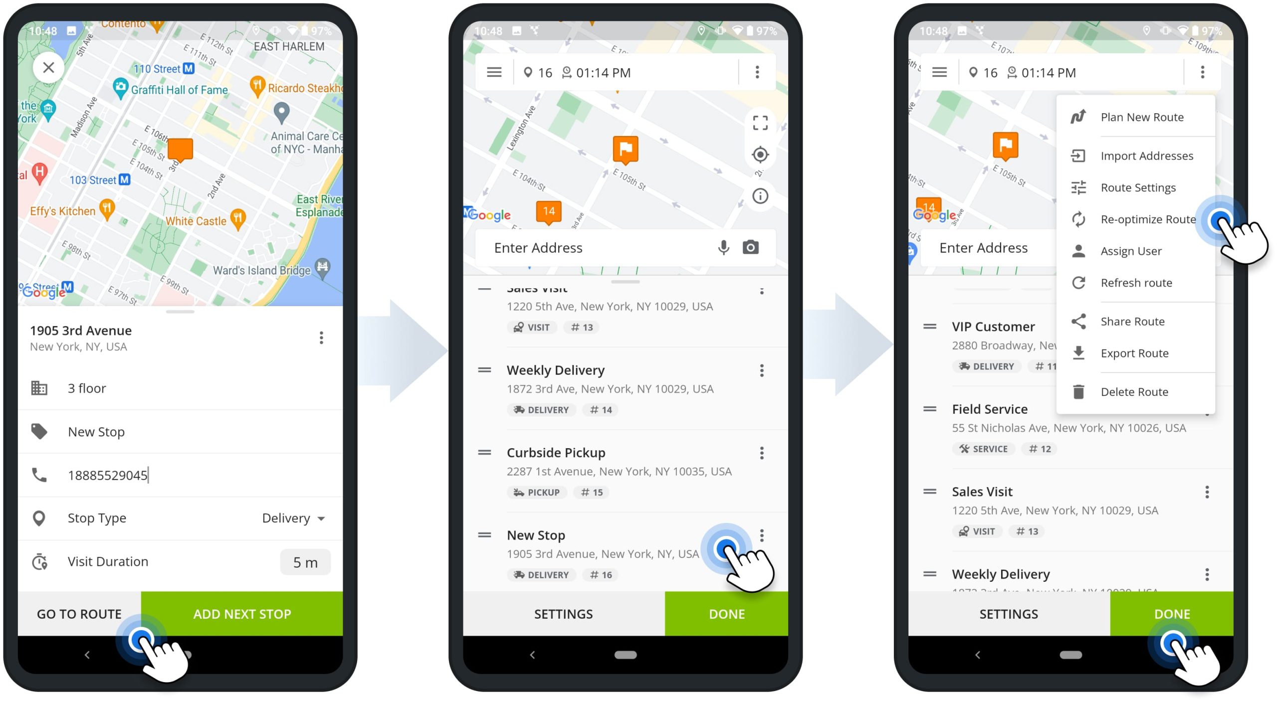 Add stops to planned routes and resequence routes with newly added stop addresses using Route4Me's Android Route Planning app.