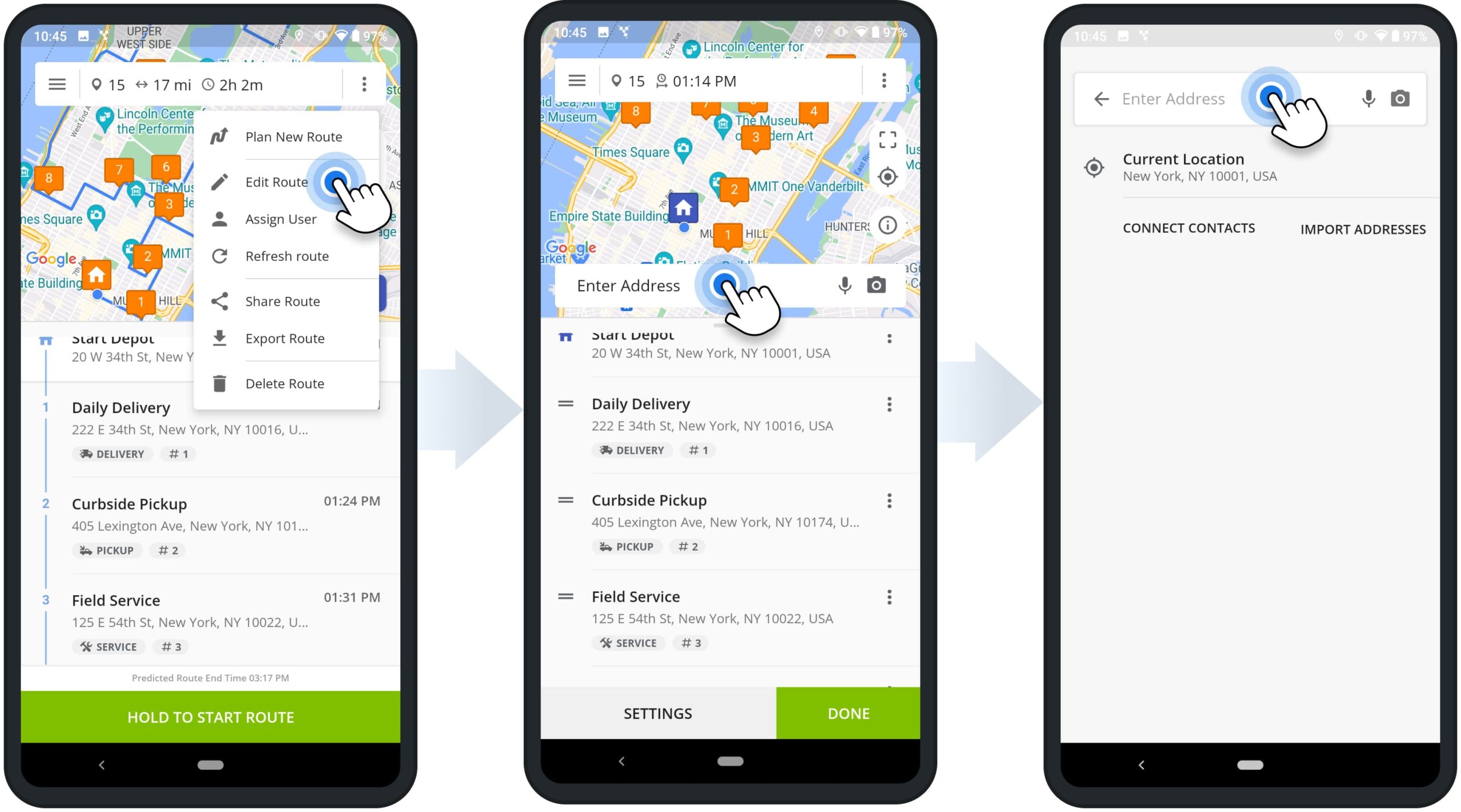 Insert addresses into planned routes and add route stops using Route4Me's Android Route Optimization app for last-mile drivers.
