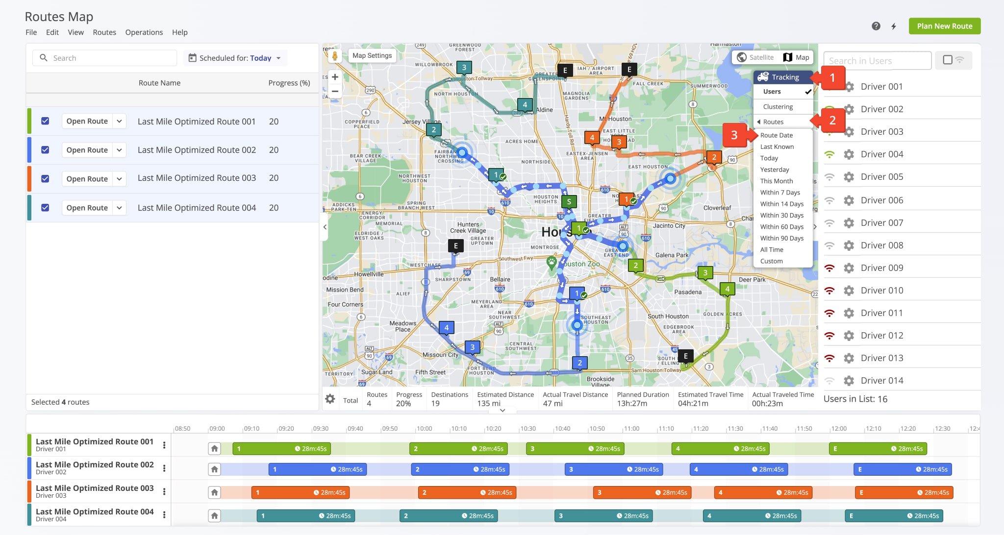 When tracking multiple routes on your Route4Me Routes Map you can enable tracking paths to view the GPS tracking path of multiple routes simultaneously.