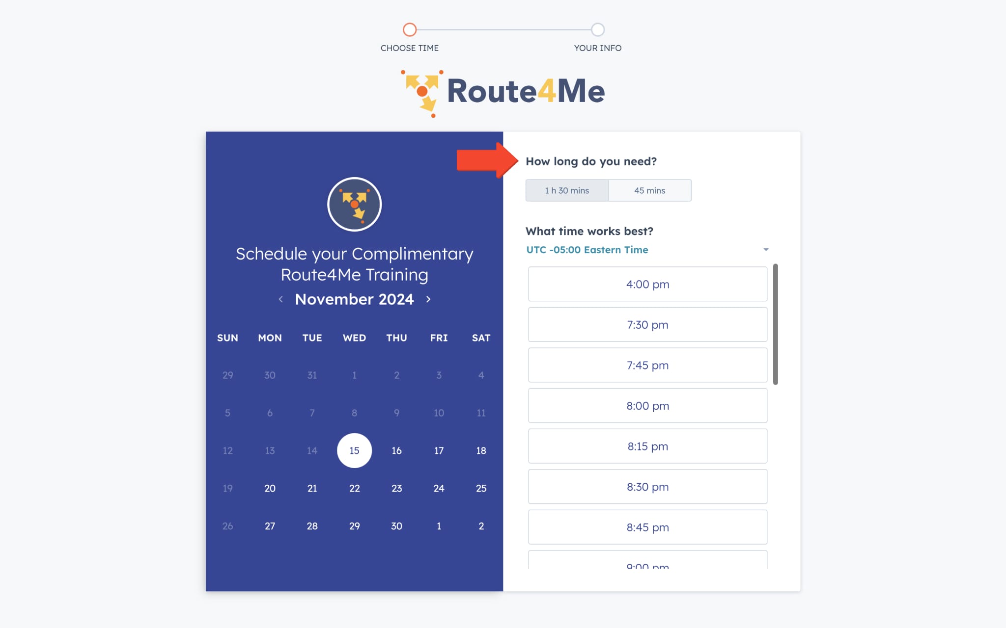 Select the preferred Route4Me Onboarding Training Session duration time.