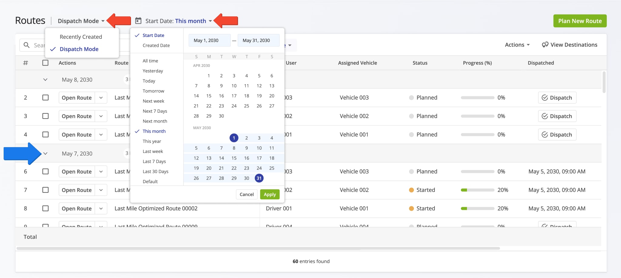 The Dispatch Mode view mode shows routes with the latest start date at the top of your Routes List and routes with the earliest start date at the bottom of the list.