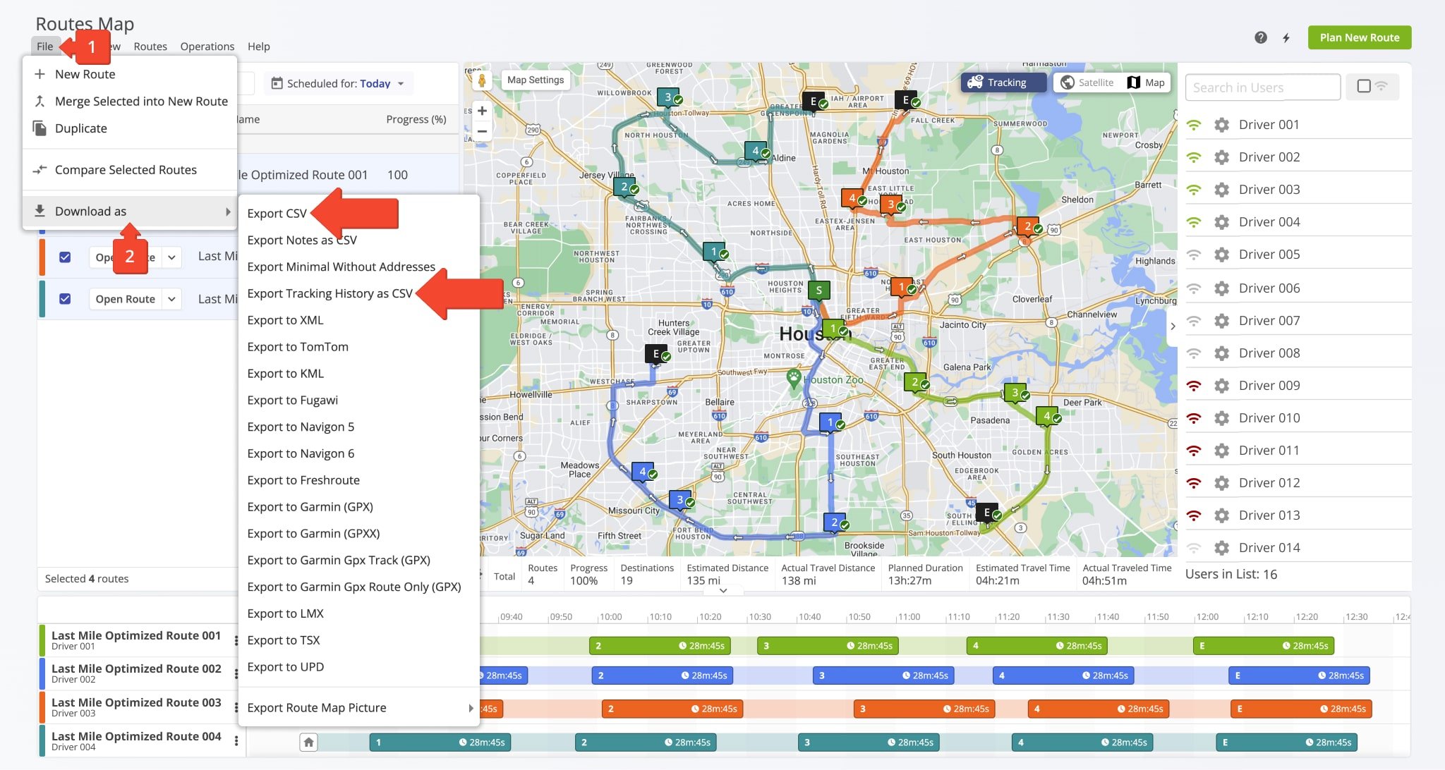 Route4Me enables you to export GPS route tracking data for multiple routes from the Routes Map as a customizable CSV spreadsheet where you can enable the preferred GPS analytics or a GPS tracking history CSV.