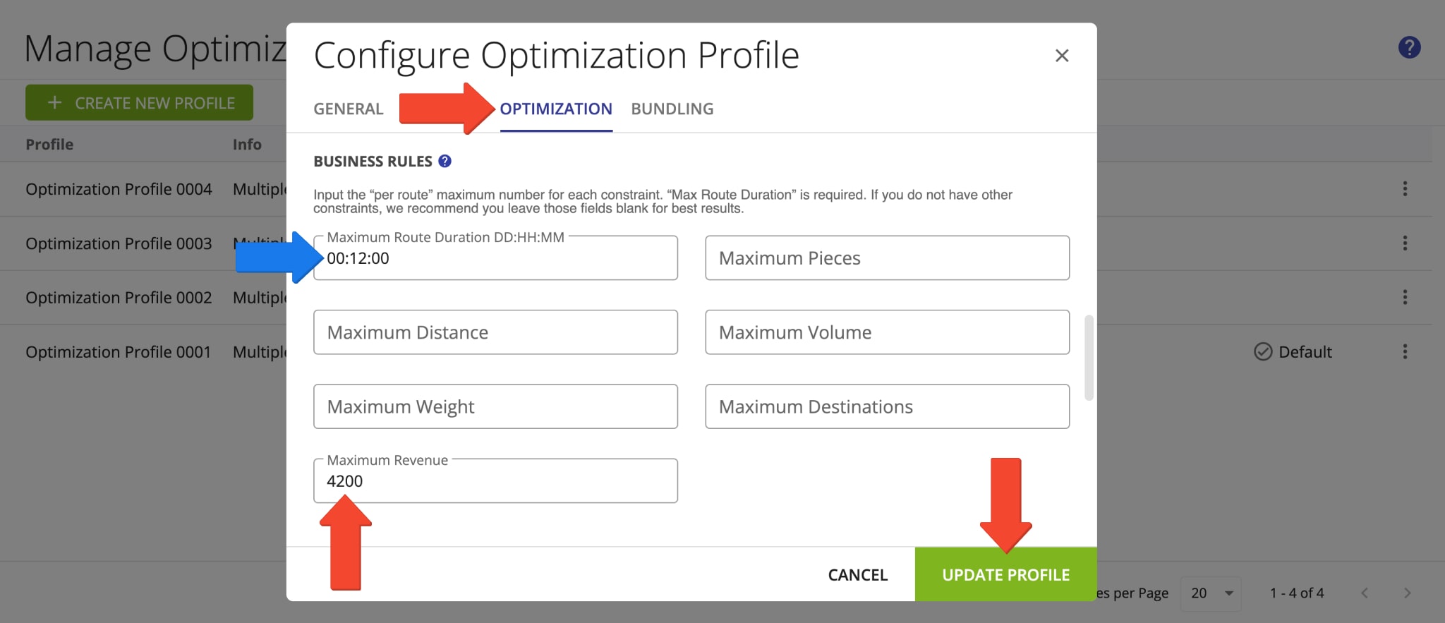 Add your preferred maximum route revenue in Optimization Profiles to optimize multiple routes from one set of addresses.