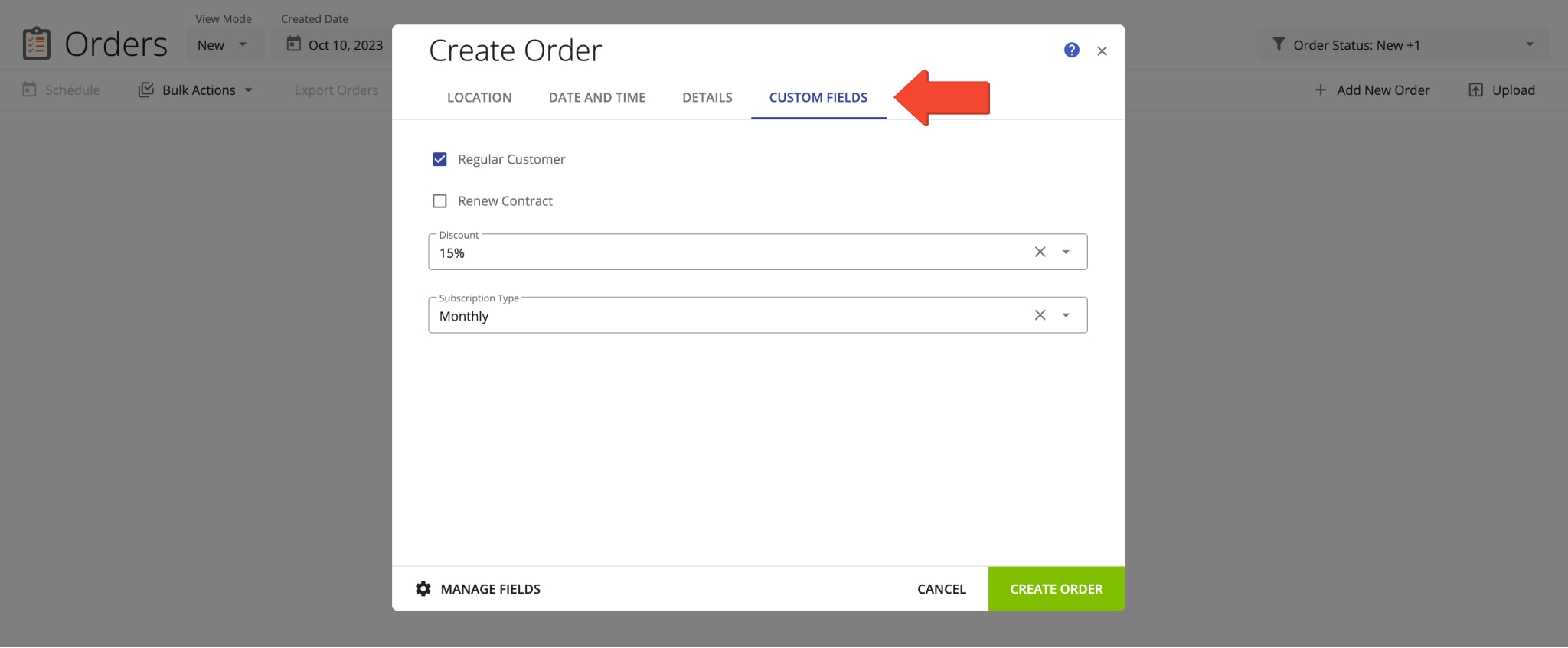 Add Order Custom Fields to the orders with custom information and details.