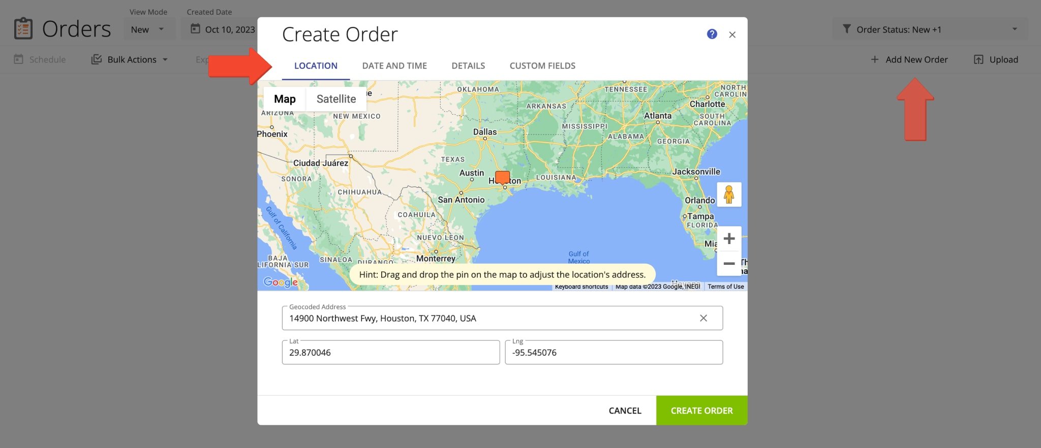 Add a new order with a geocoded address to Route4Me's Delivery Management System.