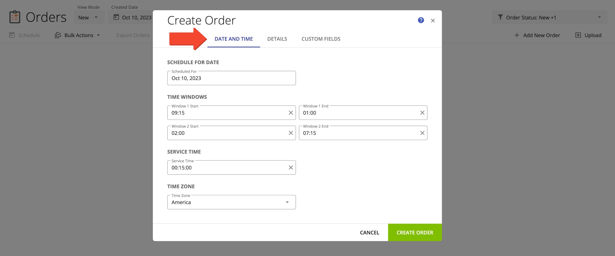 Add order time details such as the order Scheduled For Date, time windows, etc.