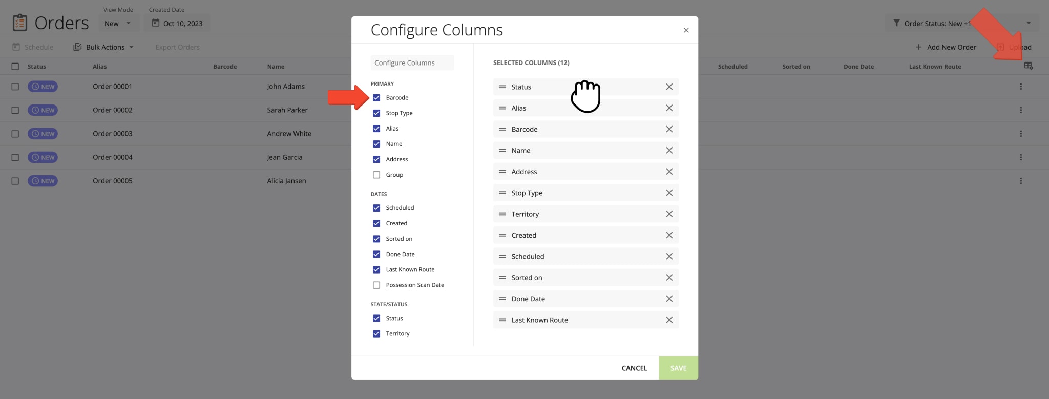 Configure Route4Me Orders List by adding and customizing orders list columns and columns order.