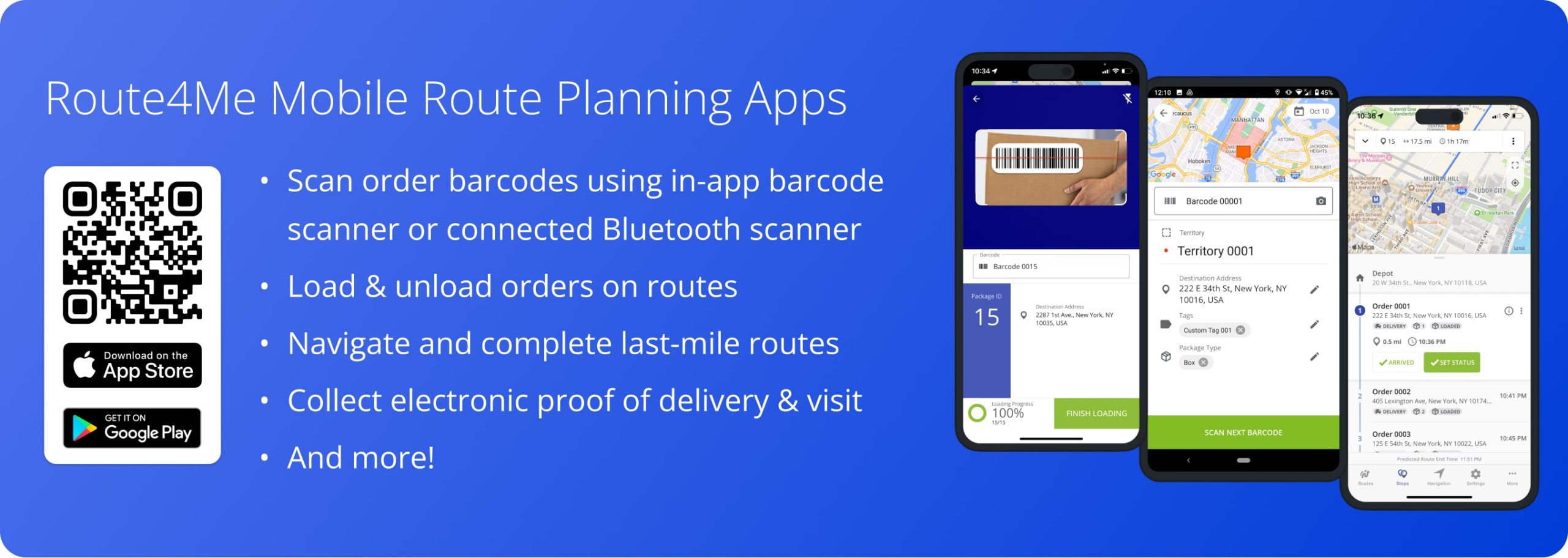 Download Route4Me's mobile route planning apps for scanning order barcodes, navigating routes, unloading orders, etc.