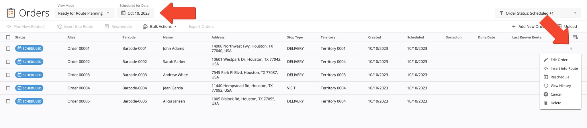 Manage orders in Route4Me's Orders List: reschedule, cancel, delete, edit, view order history, and more.