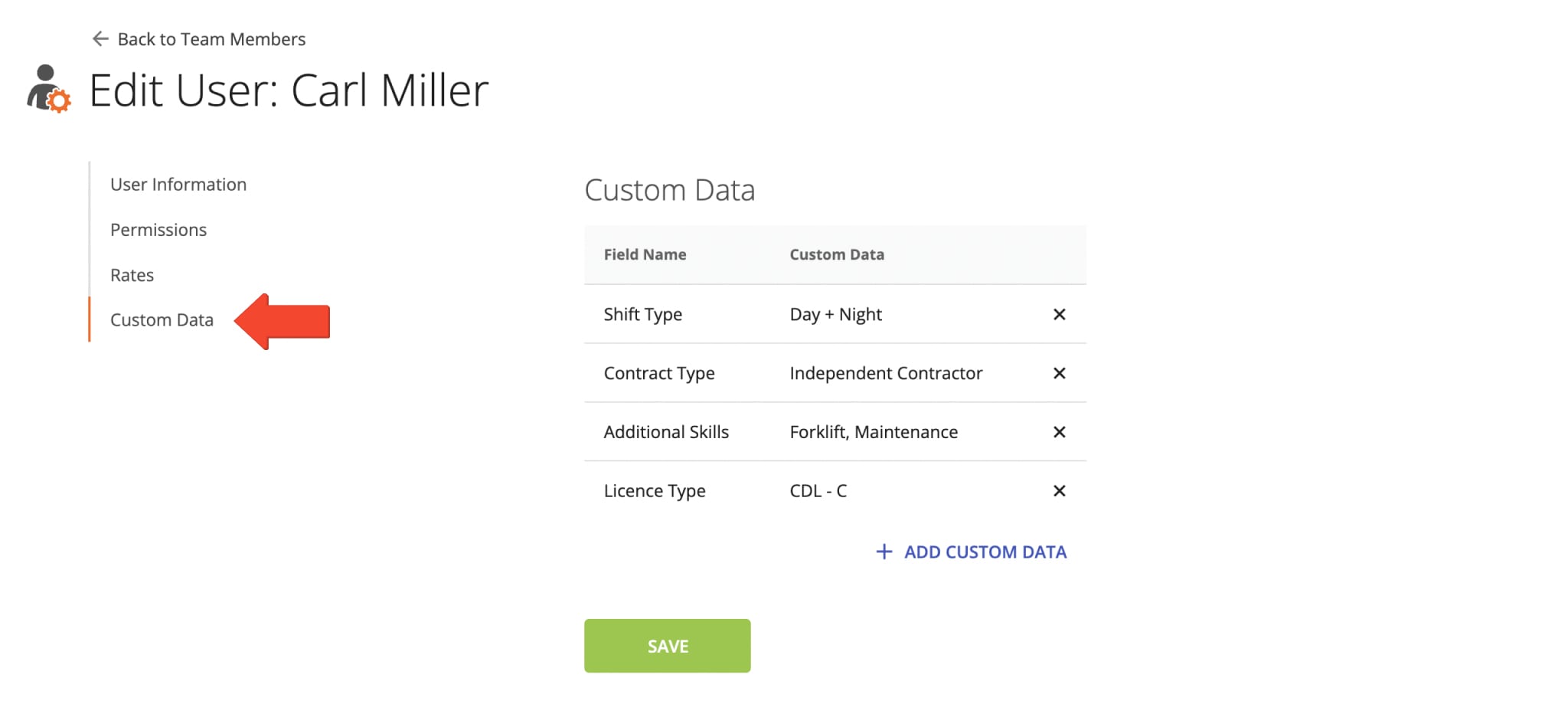 Add Custom Data to the existing user to attach additional driver, route planner, manager, or other user details.