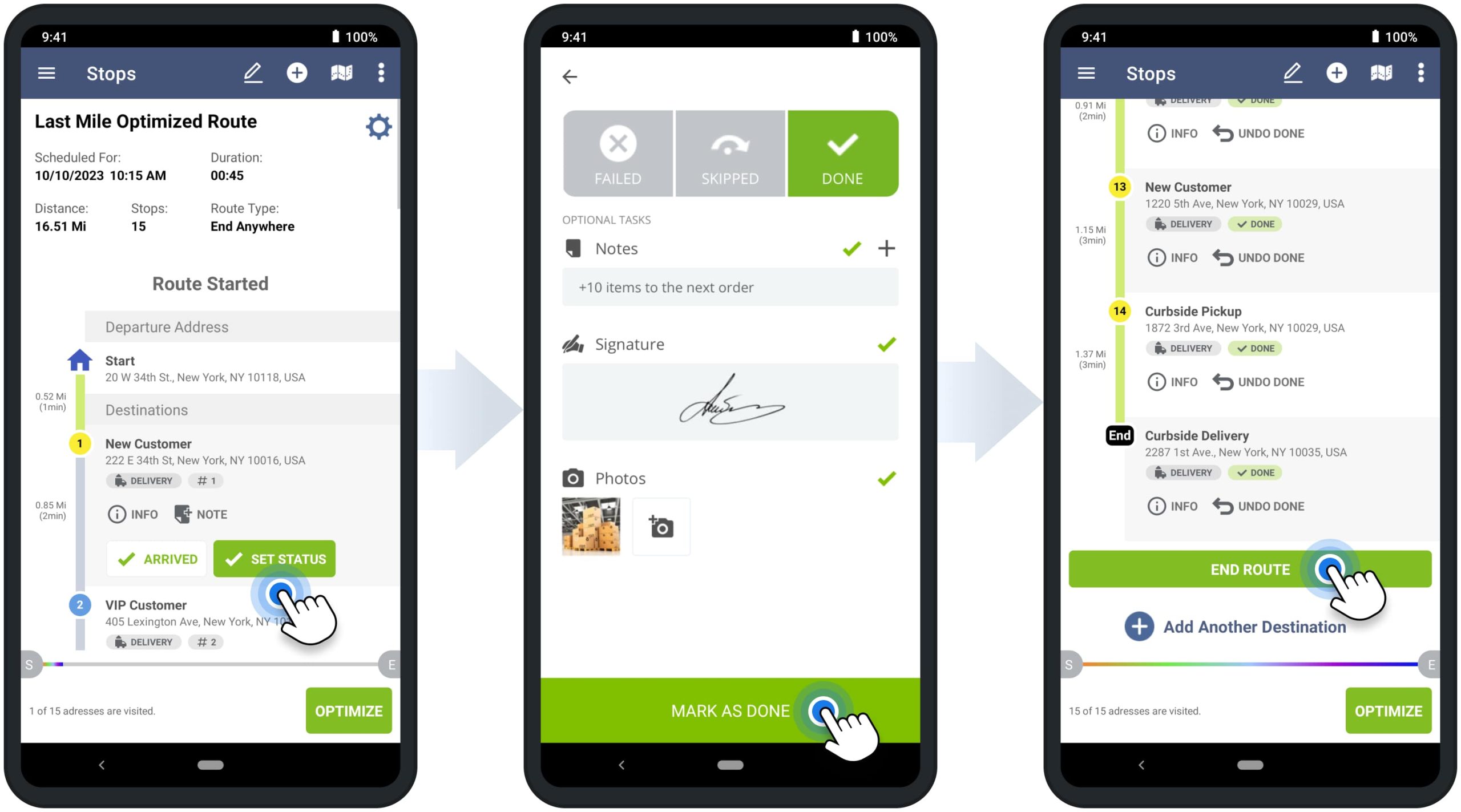 Set stop statuses, attach proof of visit and service to route stops, and complete the route using Route4Me's Android route planning app.