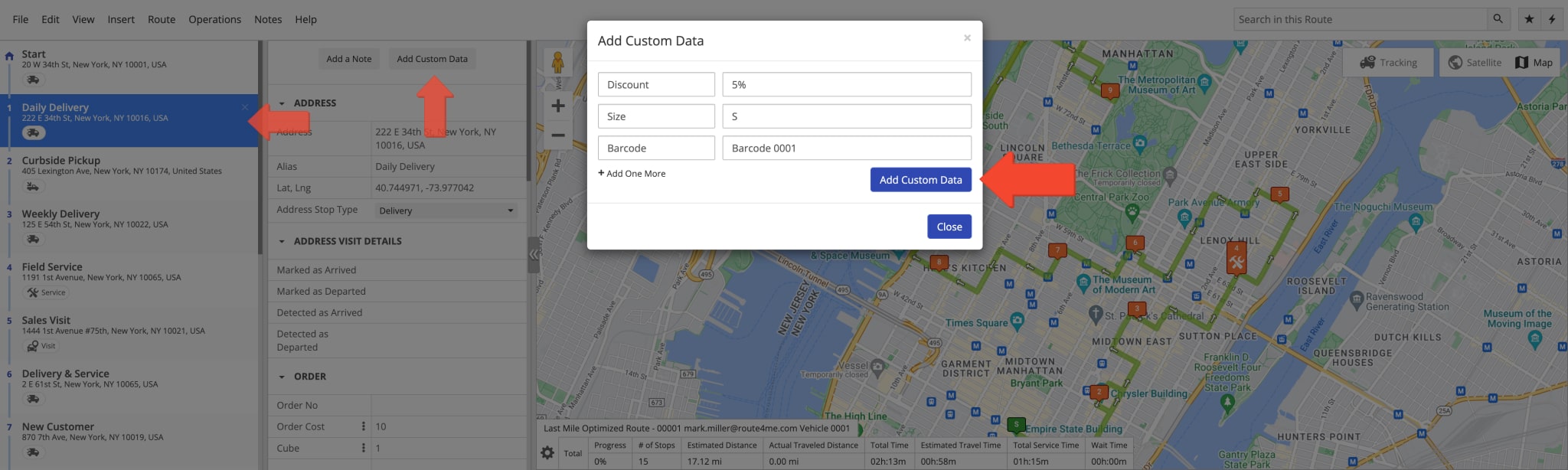 Add Custom Data to route stops in Route4Me's Route Editor.