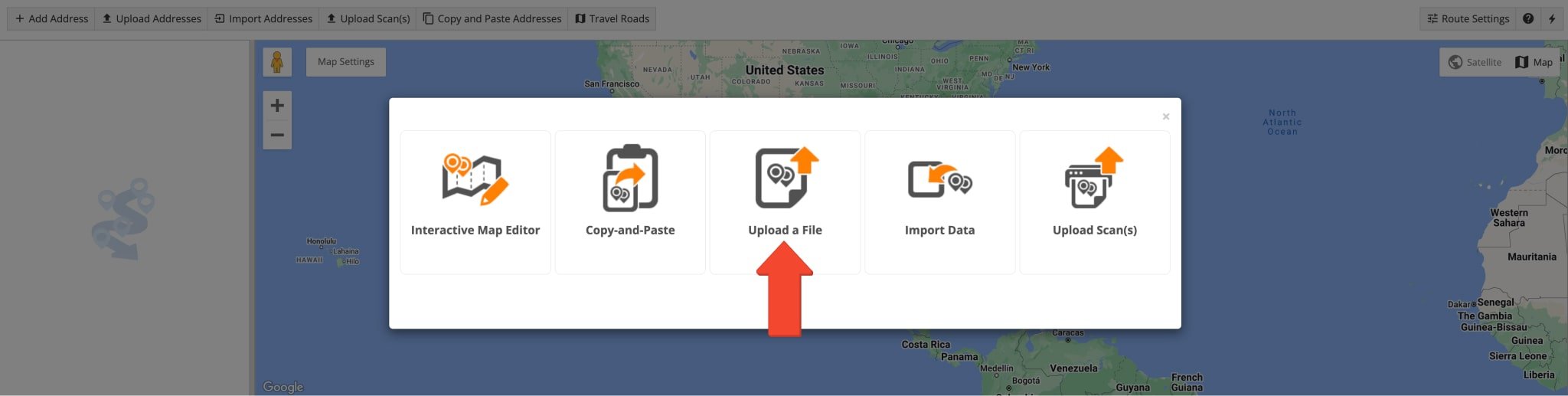 Upload a file with route stop addresses and custom data to plan and optimize routes.