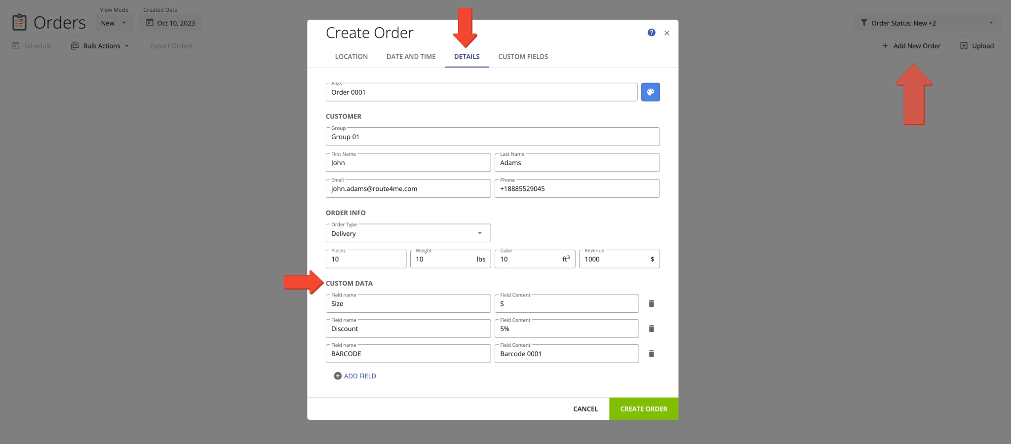 Create new orders or manage scheduled orders and add Custom Data to orders.