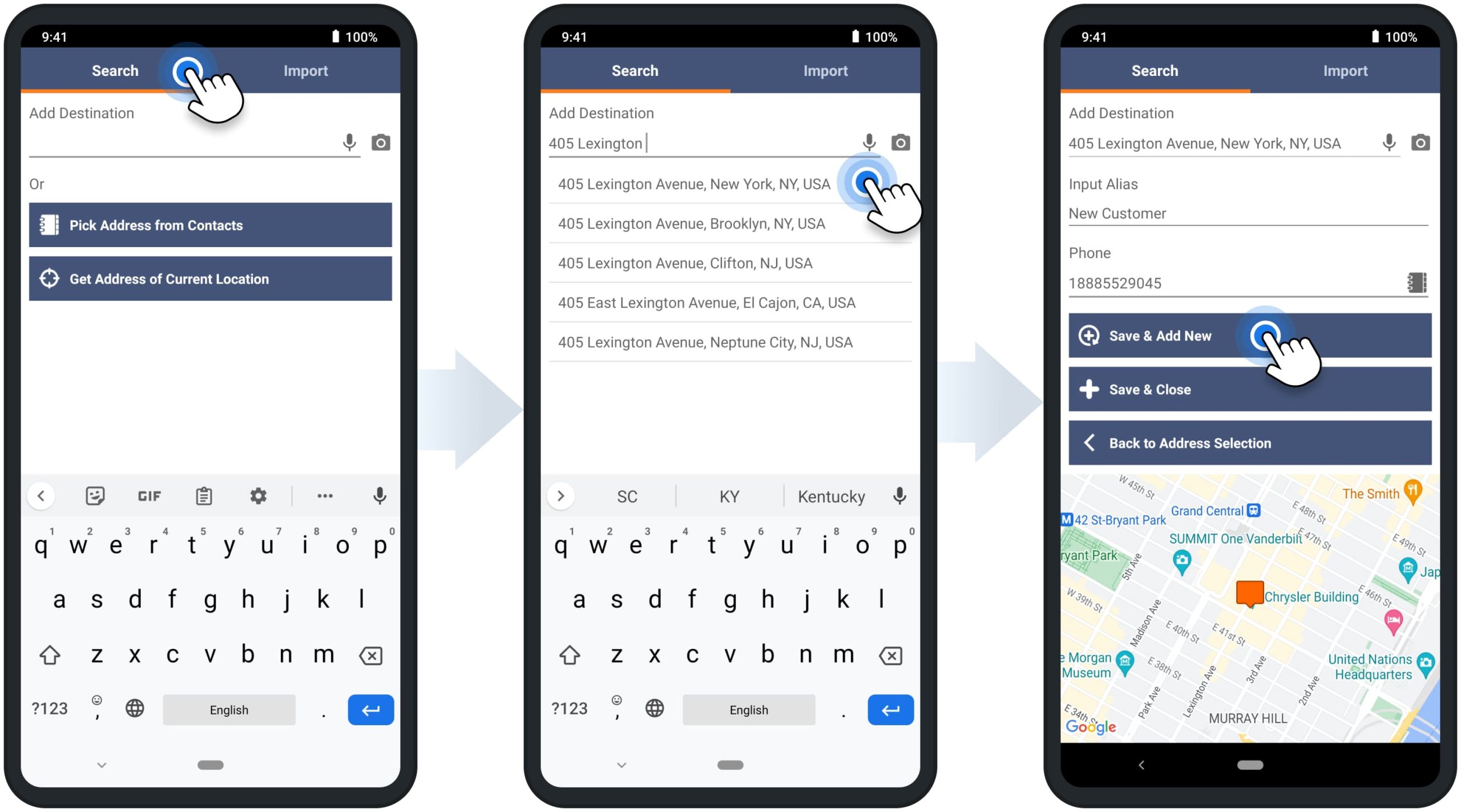 Add addresses to multi-stop routes using address auto-complete on Route4Me's Android route planner app.