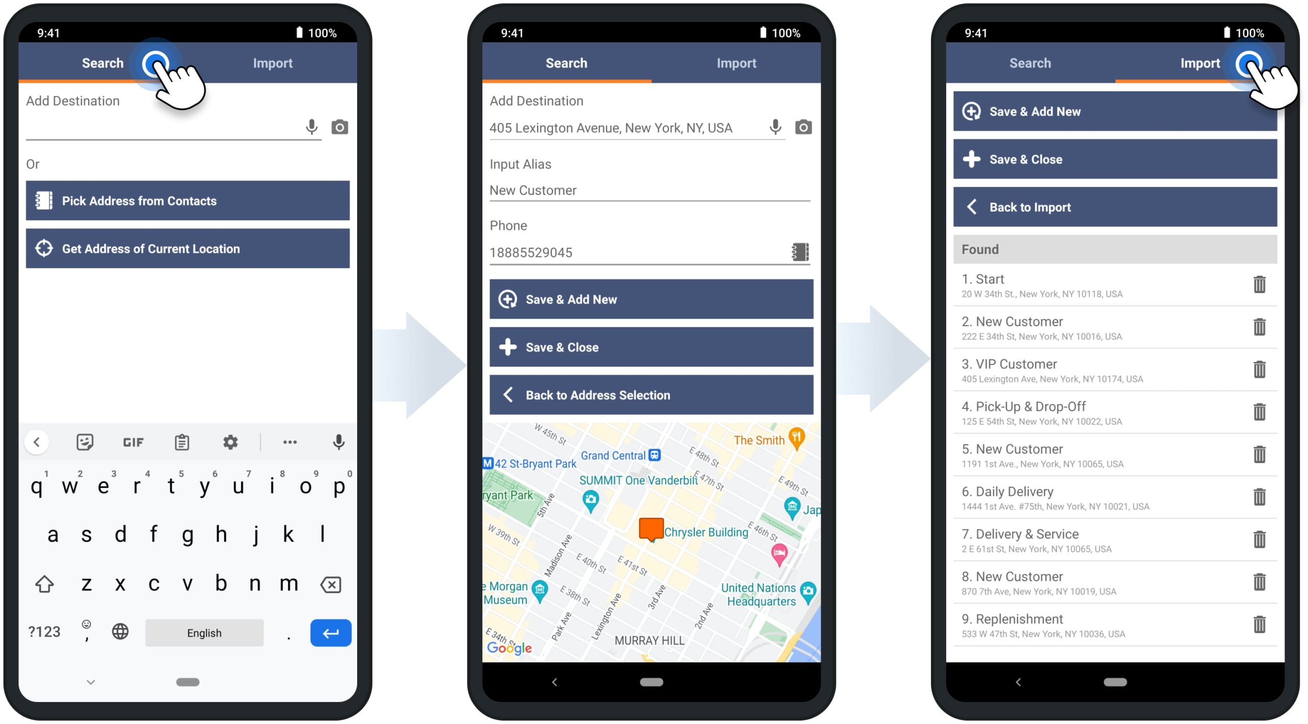 Add route addresses with auto-complete or upload a spreadsheet with addresses on Route4Me's Android route planner app.
