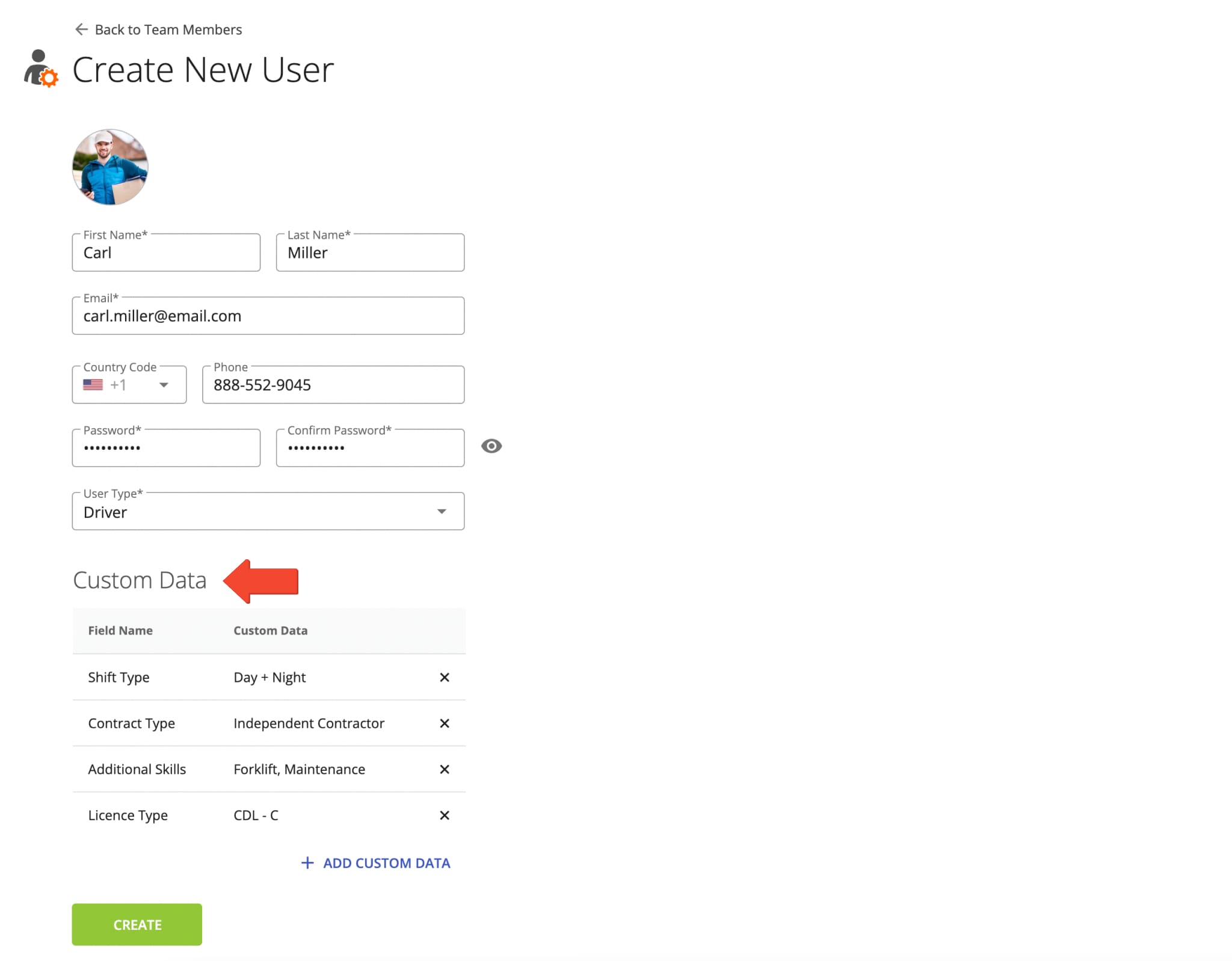 Add Custom Data to the new user to attach additional driver, manager, route planner, or other team member details that don't fit into reserved fields.
